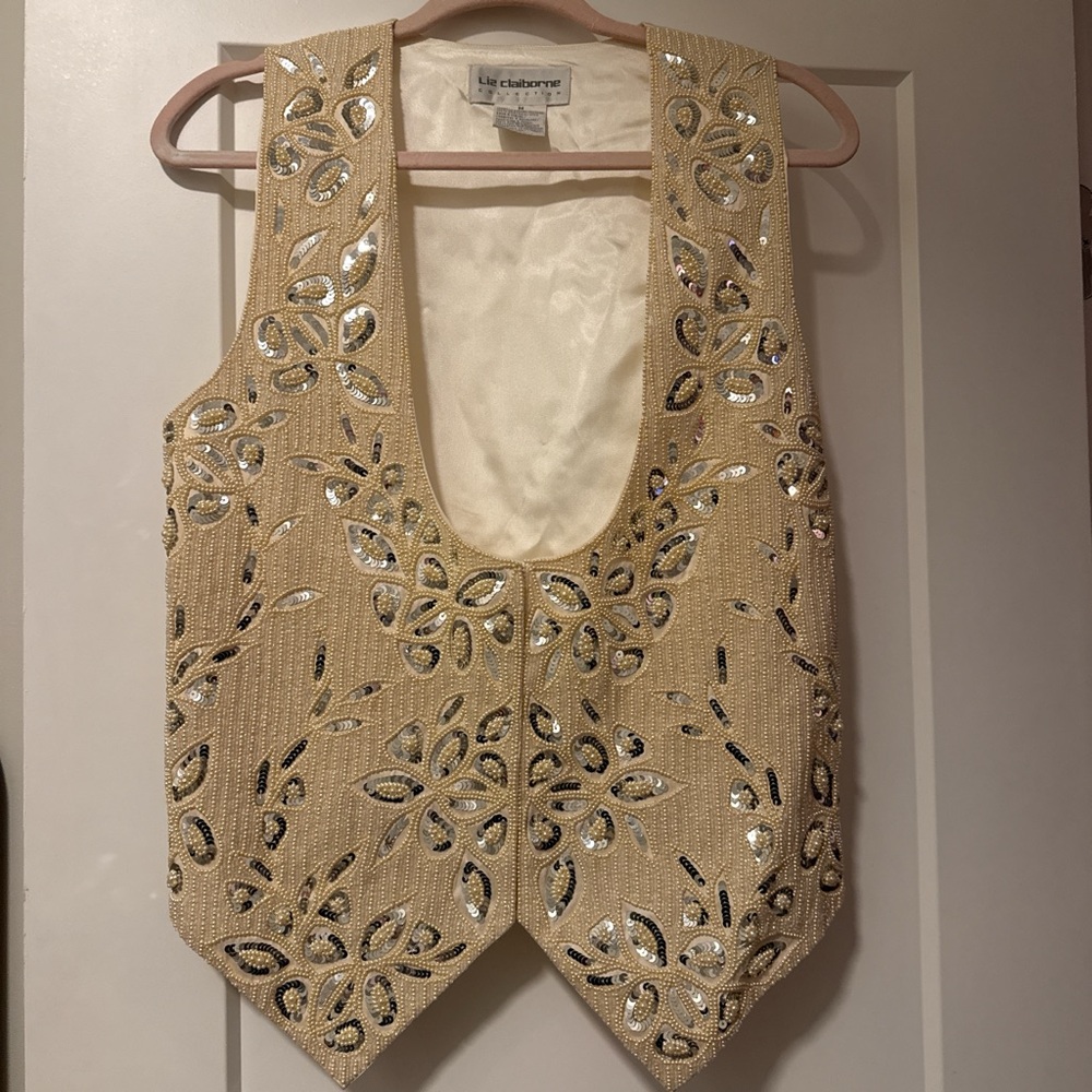 Vintage Liz Claiborne Beaded Sequin Pearl Vest 100% Silk